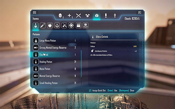 Elex Drink bottles can be found in the Potions tab - each one of them offers a one-time (but permanent) bonus to stats - Elex: Elex Drink Bottles - Lists - Elex Game Guide