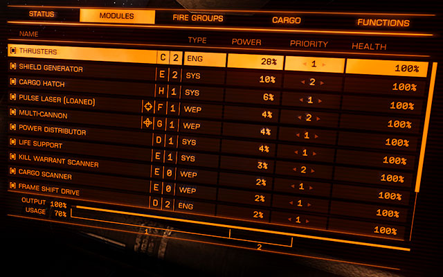 This bookmark shows all the sub-systems of your ship - from Weaponry to the life support - (Right) System Panel - Ship Interface - Elite: Dangerous - Game Guide and Walkthrough