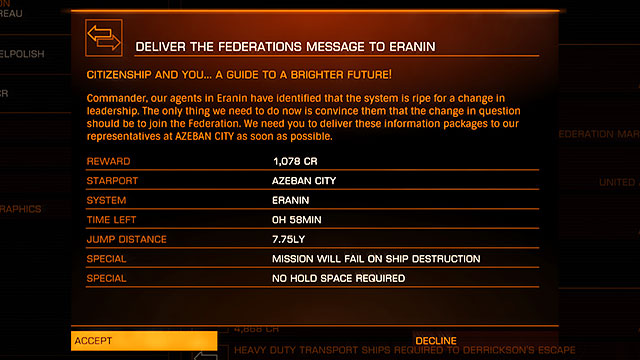 The most recommendable courier missions is the data delivery - Professions - Earning your first money - Elite: Dangerous - Game Guide and Walkthrough