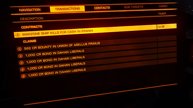 A number of eliminated ships, the sum of credits for doing so and the actual status of the mission can be tracked in the left panel in the transactions bookmark - Professions - Earning your first money - Elite: Dangerous - Game Guide and Walkthrough