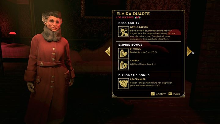 Elvira Duarte would be a good choice if you're looking to play on the offensive side - Empire of Sin: Elvira Duarte - boss, characteristics - Bosses - Empire of Sin Guide