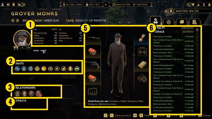 The first is the stats [1] - Empire of Sin: recruits - recruitment, exemplary teams - Basics - Empire of Sin Guide