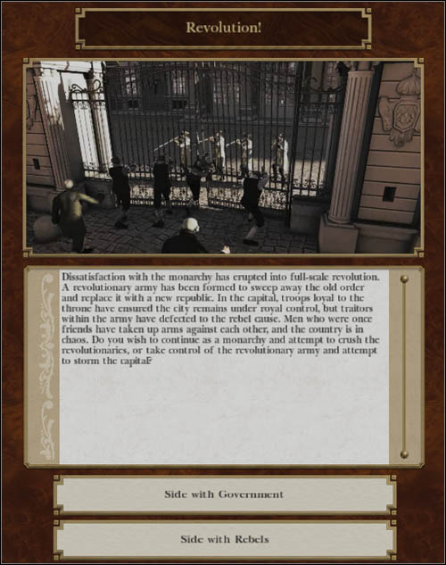 When you will chose to support the present cabinet you will have to defeat army of the rebels in few battles - Game Mechanics - Region Management - Riots and revolutions - Region management - Empire: Total War - Game Guide and Walkthrough