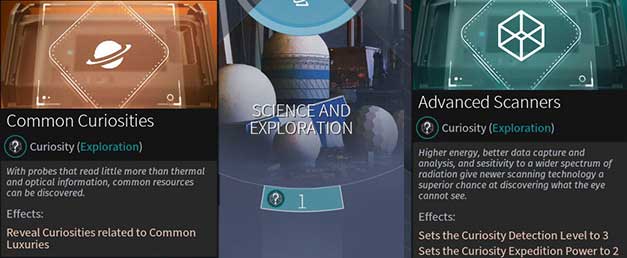 New Eras of Science and Exploration (on the left you can see the first level) and new technologies (on the right) will help you to detect and send expeditions. - Exploration and Curiosities in Endless Space 2 - Gameplay basics - Endless Space 2 Game Guide