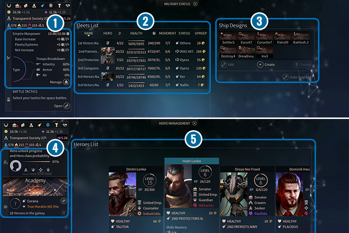 The Military Status screen shows your manpower reserves in the side panel (1), their growth per turn, fleet/systems consumption, and how much net manpower you gain - Military and Hero Management, Quest and Events and Diplomacy Status - Interface - Endless Space 2 Game Guide