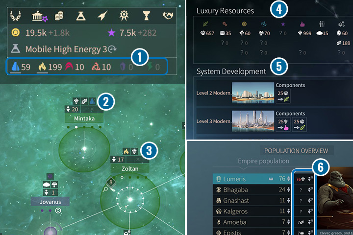 In the main screen you can see the information about your resources (1) in warehouses (those that are mined are highlighted). In the Trade screen you can see the status of the luxury resources (4). - Strategic and luxury resources in Endless Space 2 - Gameplay basics - Endless Space 2 Game Guide
