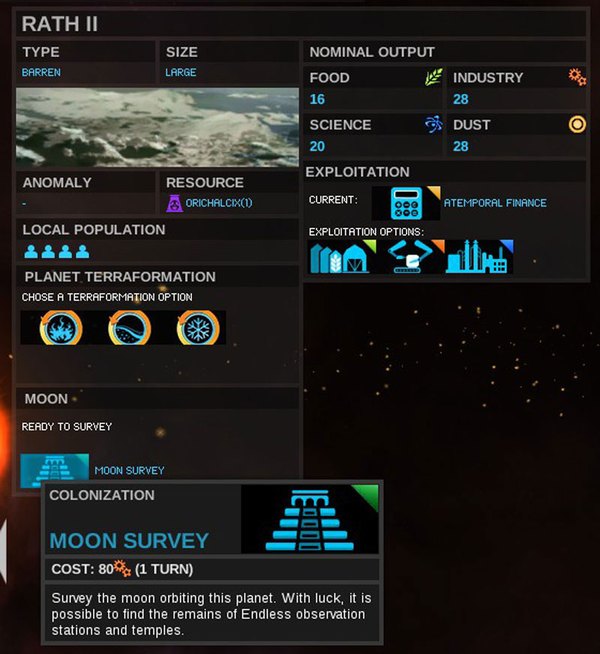 Moon of RATH II will be searched, the result of this action will be known in the next turn - Moons - Planet View - Endless Space - Game Guide and Walkthrough