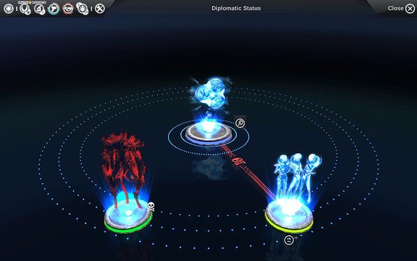 Our race again in the center. Were at war. Red hologram stands for the destroyed race. - Diplomacy - Endless Space - Game Guide and Walkthrough
