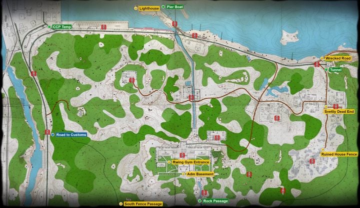 The picture above shows the locations of extraction points on Shoreline, one of the maps available in Escape from Tarkov - How and where to find extraction points in Escape from Tarkov? - FAQ - Escape from Tarkov Guide