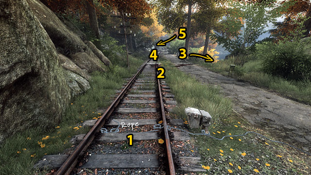 Along your path, you will also note a rope (1), severed legs (2), corpse (3), a canister and a place where the trolley used to stand (4) - Death on tracks | Walkthrough - Walkthrough - The Vanishing of Ethan Carter Game Guide & Walkthrough