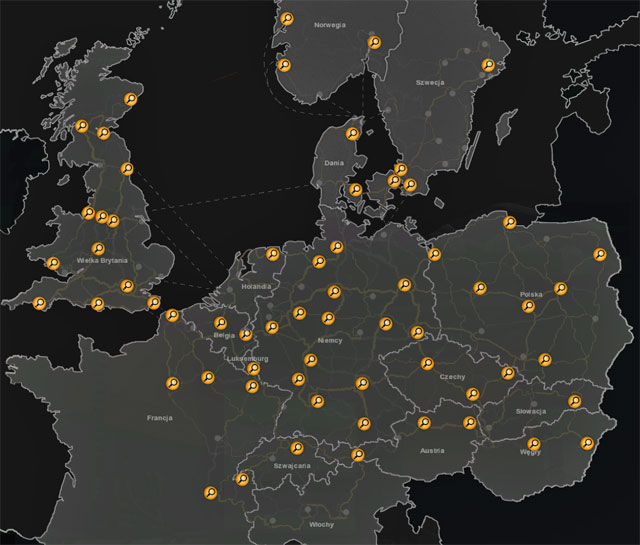 This map shows the cities in which you can find recruitment agencies. - ETS 2: Scandinavia - Recruitment agencies - Basics - Euro Truck Simulator 2: Scandinavian Expansion Game Guide