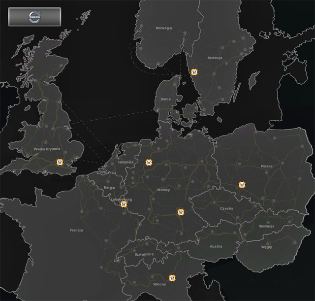 The map shows Volvo shops (includes expansions Poland and Scandinavia). - ETS 2: Scandinavia - Majestic, Renault, Scania, Volvo - maps - Basics - Euro Truck Simulator 2: Scandinavian Expansion Game Guide