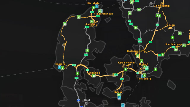 Road map of Denmark. - ETS 2: Scandinavia - Denmark | Roads characteristic - Roads characteristic - Euro Truck Simulator 2: Scandinavian Expansion Game Guide