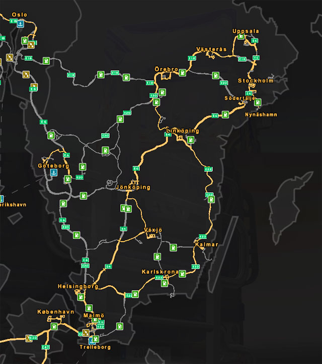 Road map of Sweden. - ETS 2: Scandinavia - Sweden | Roads characteristic - Roads characteristic - Euro Truck Simulator 2: Scandinavian Expansion Game Guide