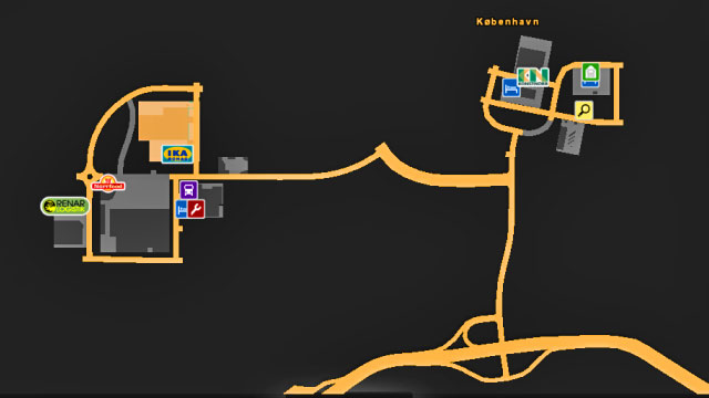 Map of Copenhagen. - ETS 2: Scandinavia - Denmark | Cities - Cities - Euro Truck Simulator 2: Scandinavian Expansion Game Guide