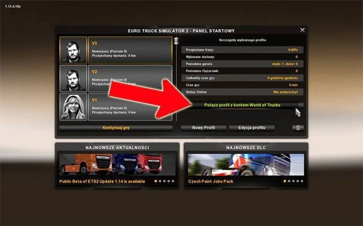 Merging your in-game profile with your online account - click on Connect Profile to the World of Trucks button in the character selection screen - ETS2: Online account and World of Trucks account - Multiplayer - Euro Truck Simulator 2 Game Guide