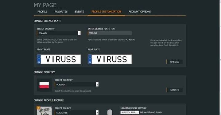 Go to Profile customization tab where you can change your registration plate, choose your country and avatar (picture) - ETS2: Online account and World of Trucks account - Multiplayer - Euro Truck Simulator 2 Game Guide