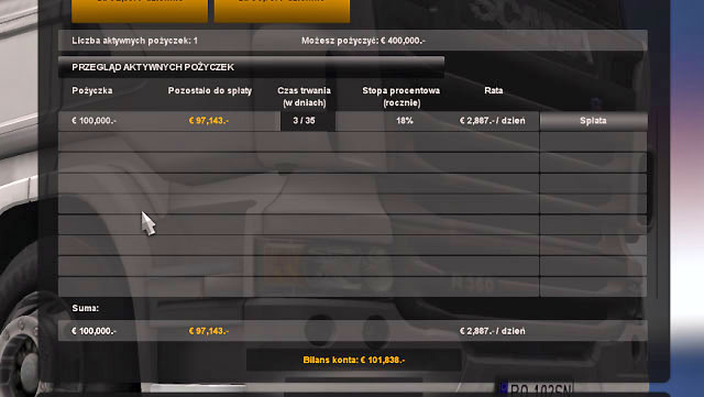 You can check the number of paid installments in the bank window - ETS2: Loan repayment - Bank Guide - Bank - Euro Truck Simulator 2 Game Guide