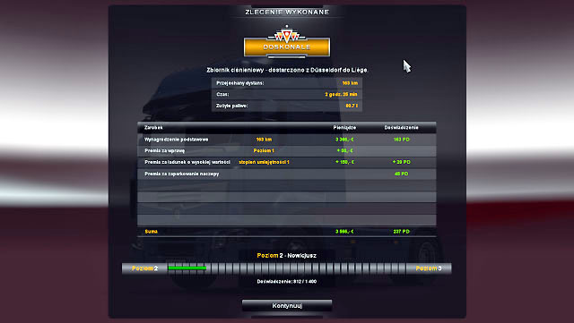 When the job is done a summary is displayed - ETS2: Quick order - Job market Guide - Job market - Euro Truck Simulator 2 Game Guide