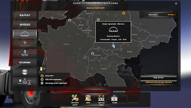 To buy a truck go to a truck dealer by clicking the button on a main control panel - ETS2: Buying a truck - Truck dealers - Euro Truck Simulator 2 Game Guide
