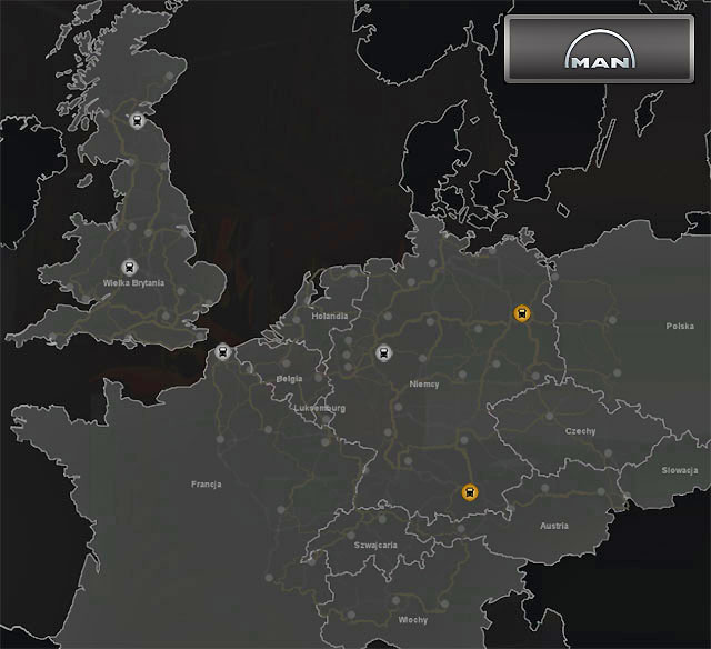 MAN trucks are offered in six cities - ETS2: MAN Truck dealers - map - Truck dealers - Euro Truck Simulator 2 Game Guide