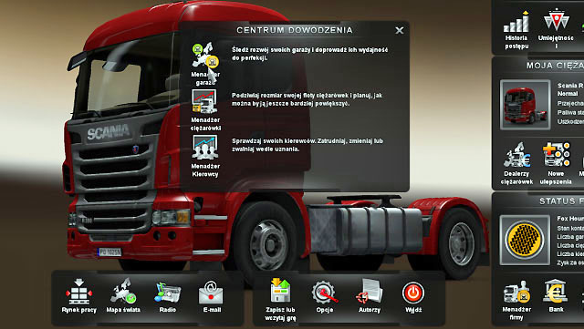 Use an icon located in right lower corner of the main panel to enter the company manager - ETS2: Company manager - Interface Guide - Interface - Euro Truck Simulator 2 Game Guide