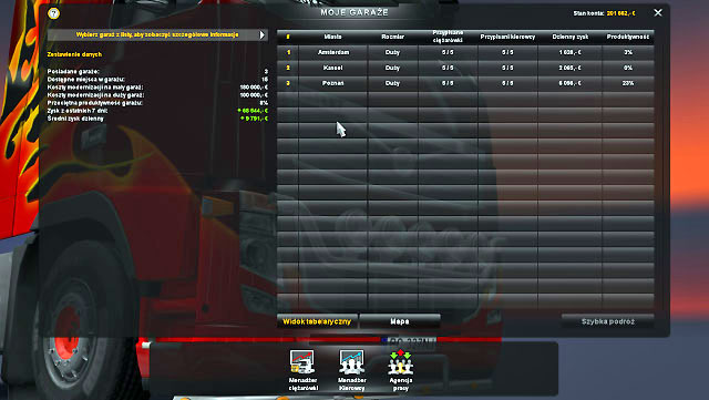 Each manager displays general statistics and companys finances on the left - ETS2: Company manager - Interface Guide - Interface - Euro Truck Simulator 2 Game Guide