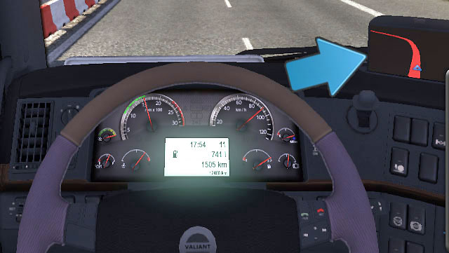 Switch between other screen to check the fuel level (in liters) and your range - ETS2: Dashboard - Driving Guide - Driving your truck - Euro Truck Simulator 2 Game Guide