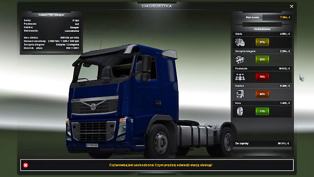 When you call the emergency road service which takes you to the car repair shop, you have to be ready for higher repair costs - ETS2: Car repair shop - Repair and modifications - Euro Truck Simulator 2 Game Guide