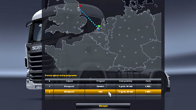 A window of available destination place will be displayed - ETS2: Ports and Eurotunnel - map - Map - Euro Truck Simulator 2 Game Guide