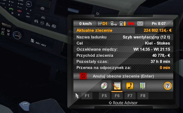 The other tab ([F6] by default) presents information about current order - ETS2: Route Advisor (GPS) - Interface Guide - Interface - Euro Truck Simulator 2 Game Guide