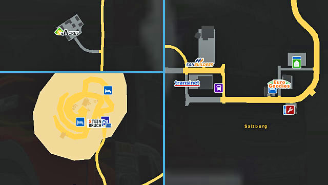 The city is located near the highway leading from east to west - Austria | Cities - Cities - Euro Truck Simulator 2 Game Guide
