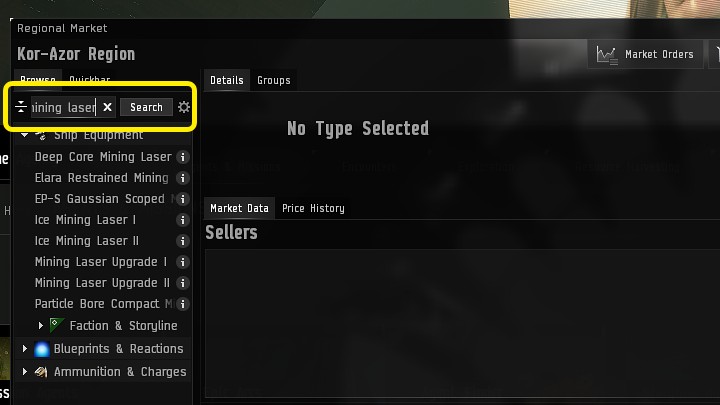 The fastest way to find any items on the EVE Onlines Market is to use the search box - EVE Online: Market - Basics - EVE Online Guide