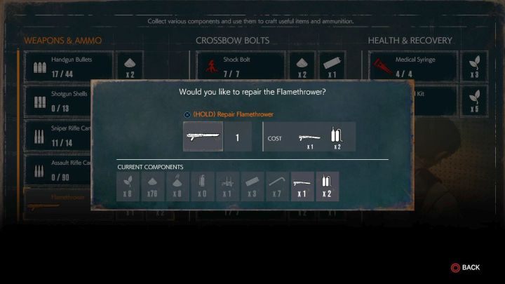 Finally, it is enough to craft the Flamethrower. - How to get the Flamethrower? | Tips - Tips - The Evil Within 2 Game Guide