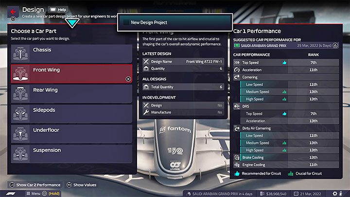 F1 Manager 2022 allows you to design 6 basic categories of parts - F1 Manager 2022: Cars and their development - designing parts - Basics - F1 Manager 2022 Guide