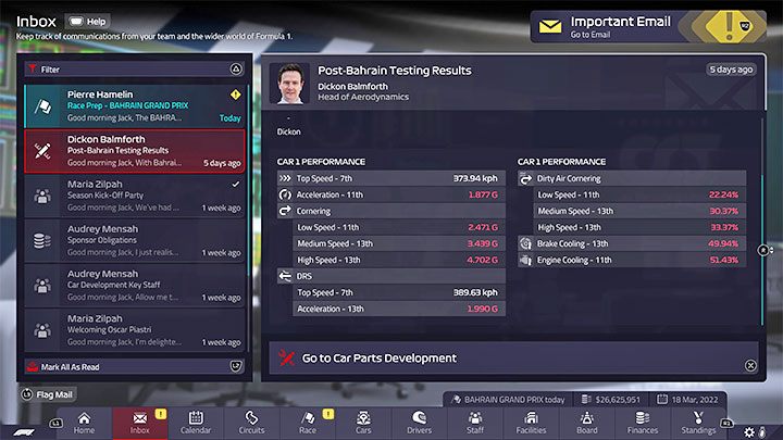 The choice of parts to design should depend on your current needs - don't design parts randomly - F1 Manager 2022: Cars and their development - designing parts - Basics - F1 Manager 2022 Guide