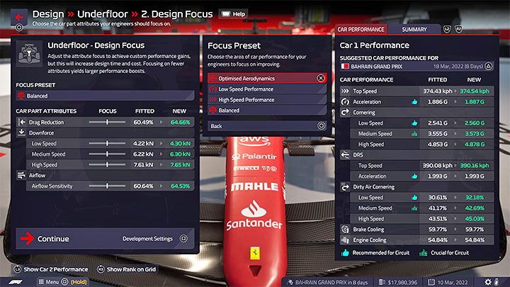 Design Focus - You can influence what engineers should focus on when designing a part - F1 Manager 2022: Cars and their development - designing parts - Basics - F1 Manager 2022 Guide
