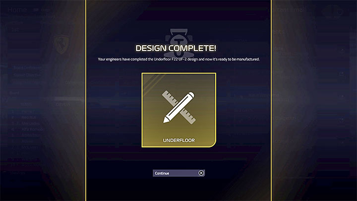 The only thing left to do is wait for the confirmation of the end of the project - F1 Manager 2022: Cars and their development - designing parts - Basics - F1 Manager 2022 Guide