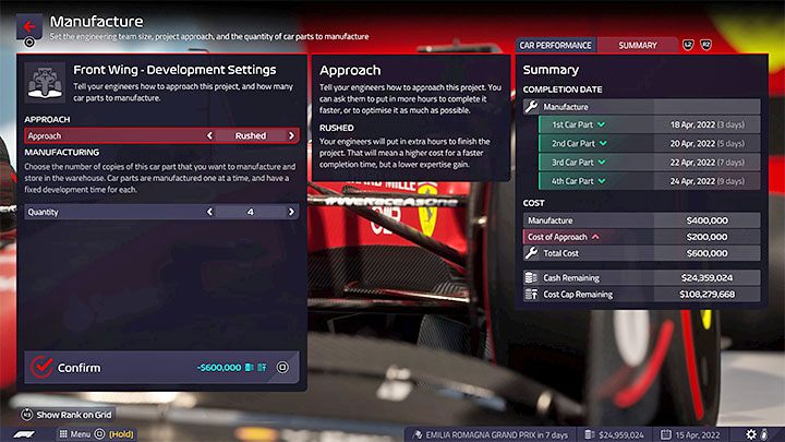 After selecting one of the Aerodynamics parts, you can - F1 Manager 2022: Cars and their development - designing parts - Basics - F1 Manager 2022 Guide