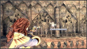 Go onto the stairs there [1] and upstairs you will find a Gnome attached to the nearby wall [2] - Shifting Sands - Gnomes - Fable III - Game Guide and Walkthrough