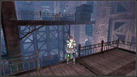 After the fight go into the warehouse [1], climb the stairs and jump down on the other side [2] - Bowerstone Resistance - p. 2 - Walkthrough - Fable III - Game Guide and Walkthrough