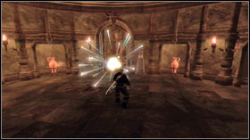 After you land your first hit on the yellow sphere, it will fly to the door on the right - Knothole Islands Huge Heat - The story - Fable II: Knothole Island - Game Guide and Walkthrough