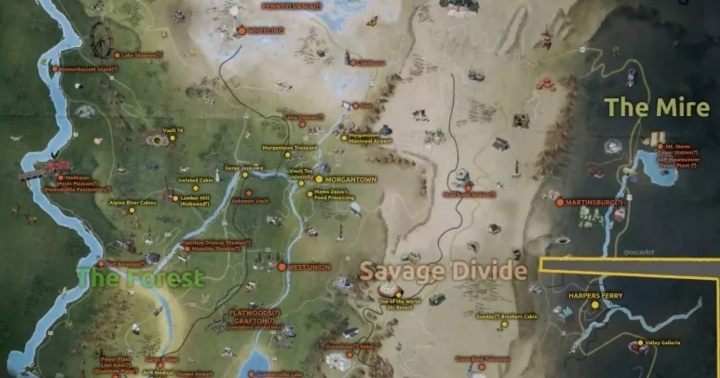 The Forest is located in the east and in the middle of the map - Map of Fallout 76 - Maps - Fallout 76 Guide