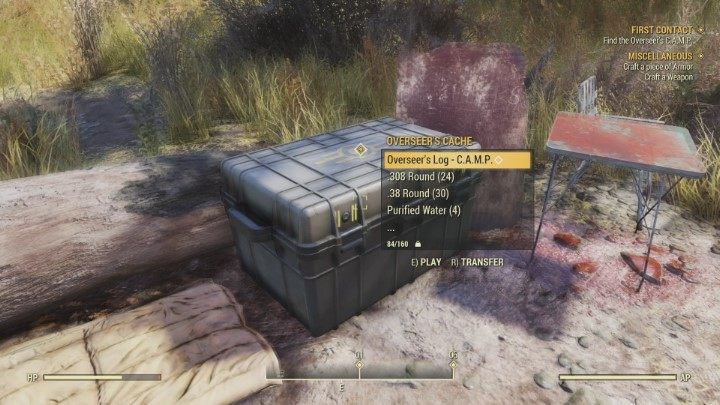 Overseers Log, which ends this quest, is inside the Overseers Cache. Dont forget to take other items. - First Contact - Fallout 76 Walkthrough - Main missions - Fallout 76 Guide