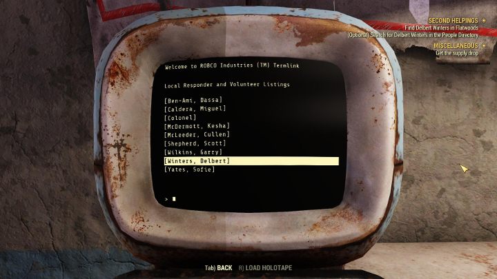 Select the person you are looking for - the game will mark their location on the map. - Second Helpings - Fallout 76 Walkthrough - Main missions - Fallout 76 Guide