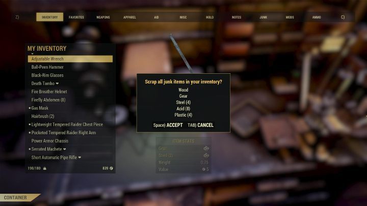 All of the collected junk can be used as crafting materials. - Crafting in Fallout 76 - Gameplay basics - Fallout 76 Guide