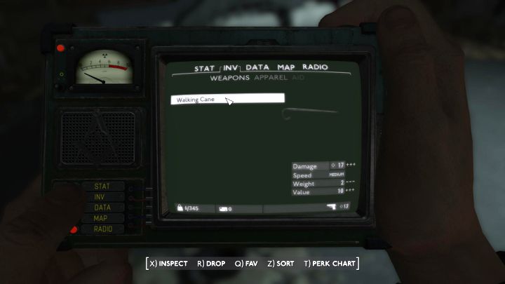 It's worth setting the cane as an active weapon in the PipBoy right away - it deals 17 points of damage - Fallout London: How to get your first weapon? - Fallout: London: Equipment - Fallout London Guide