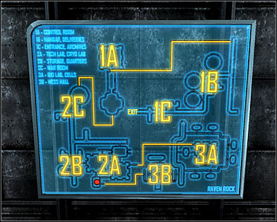 Raven Rock is divided into three separate sectors and you can use passageways marked as yellow lines to travel between them - Fallout 3: Other maps of the world - Maps of the world - Fallout 3 Game Guide