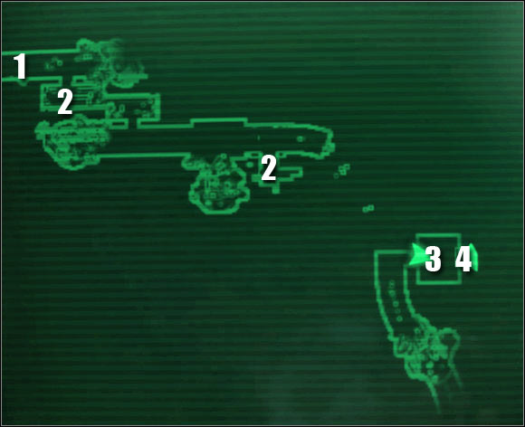 Map legend: 1 - passageway to the western part of the sub level; 2 - storage areas; 3 - M - Main quests - QUEST 3: Who Dares Wins - part 2 - Main quests - Fallout 3: Broken Steel - Game Guide and Walkthrough