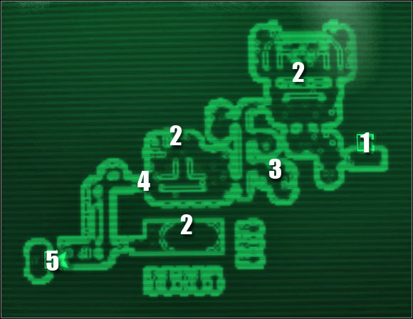 Map legend: 1 - passageway to: Weapons Lab - Main quests - QUEST 3: This Galaxy Aint Big Enough... - part 1 - Main quests - Fallout 3: Mothership Zeta - Game Guide and Walkthrough